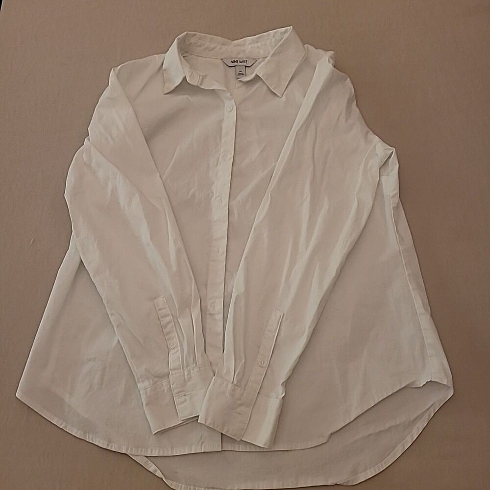 Nine West NWT White Button Up Blouse Shirt Womens Medium Preppy Office Classic
